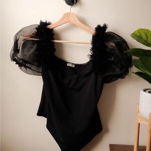 Free People Black Sheer Puff Sleeve Bodysuit
